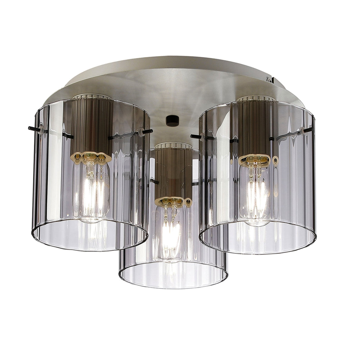 Belstone Wide Ribbed Triple Flush Round Ceiling Light in Beige Stone with Smoke Glass