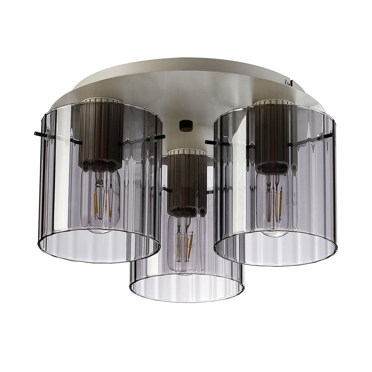Belstone Wide Ribbed Triple Flush Round Ceiling Light in Beige Stone with Smoke Glass