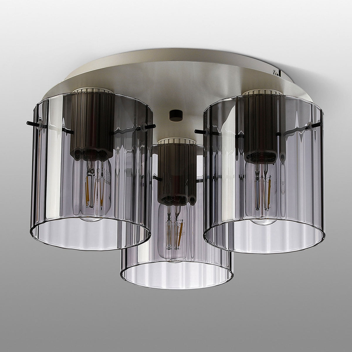 Belstone Wide Ribbed Triple Flush Round Ceiling Light in Beige Stone with Smoke Glass