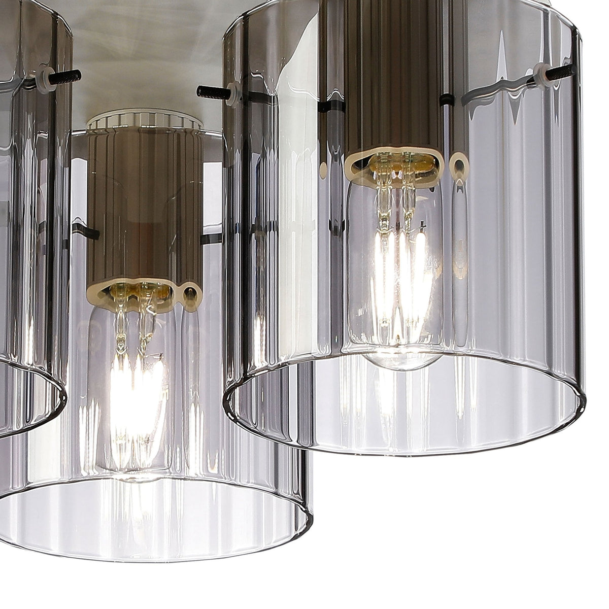 Belstone Wide Ribbed Triple Flush Round Ceiling Light in Beige Stone with Smoke Glass