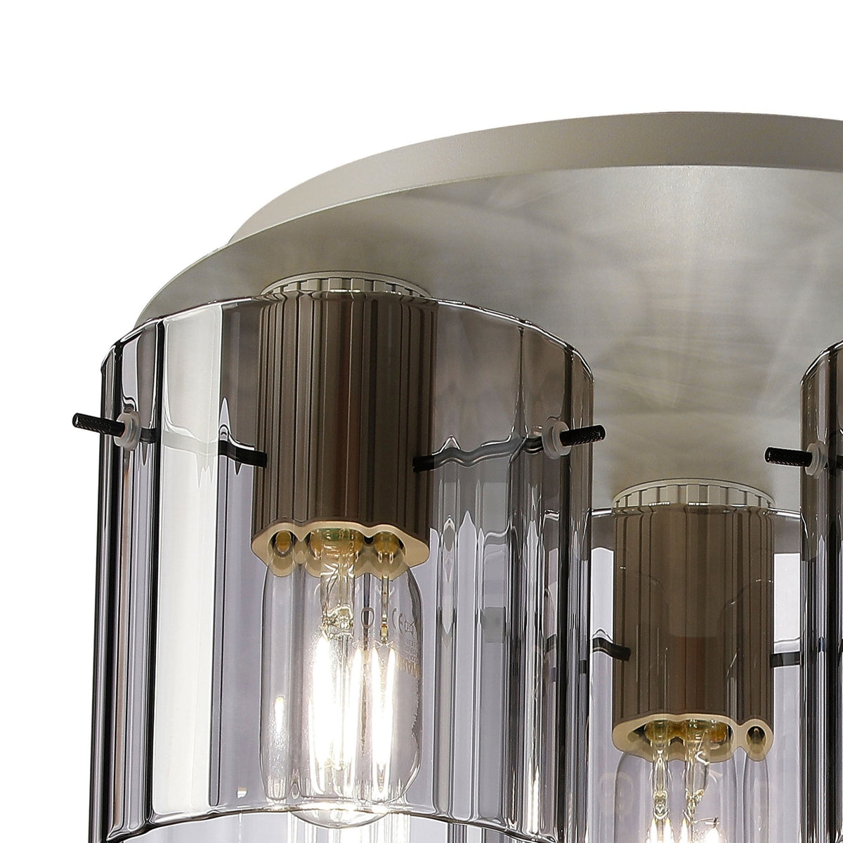 Belstone Wide Ribbed Triple Flush Round Ceiling Light in Beige Stone with Smoke Glass