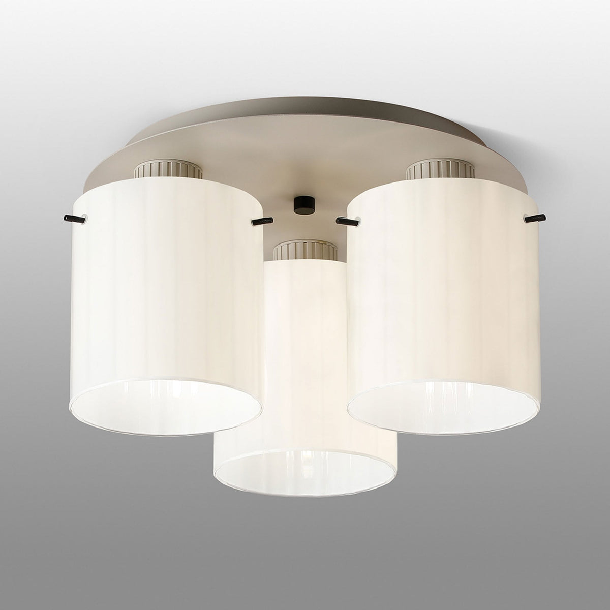 Belstone Wide Ribbed Triple Flush Round Ceiling Light in Beige Stone with Gloss White Glass