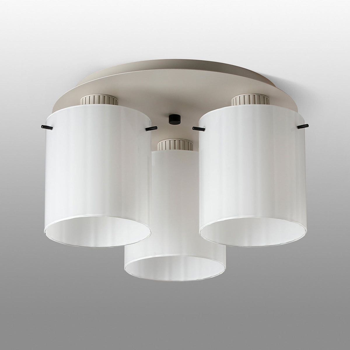 Belstone Wide Ribbed Triple Flush Round Ceiling Light in Beige Stone with Gloss White Glass
