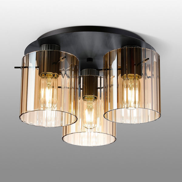 Belstone Wide Ribbed Triple Flush Round Ceiling Light in Dark Grey with Amber Glass