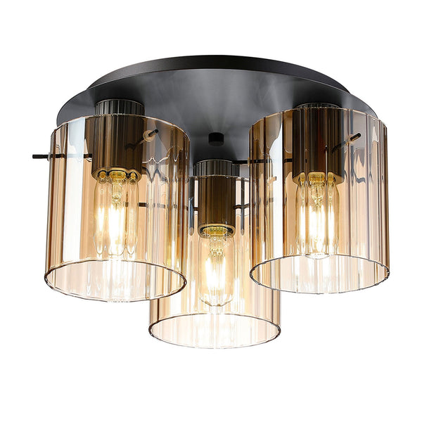Belstone Wide Ribbed Triple Flush Round Ceiling Light in Dark Grey with Amber Glass