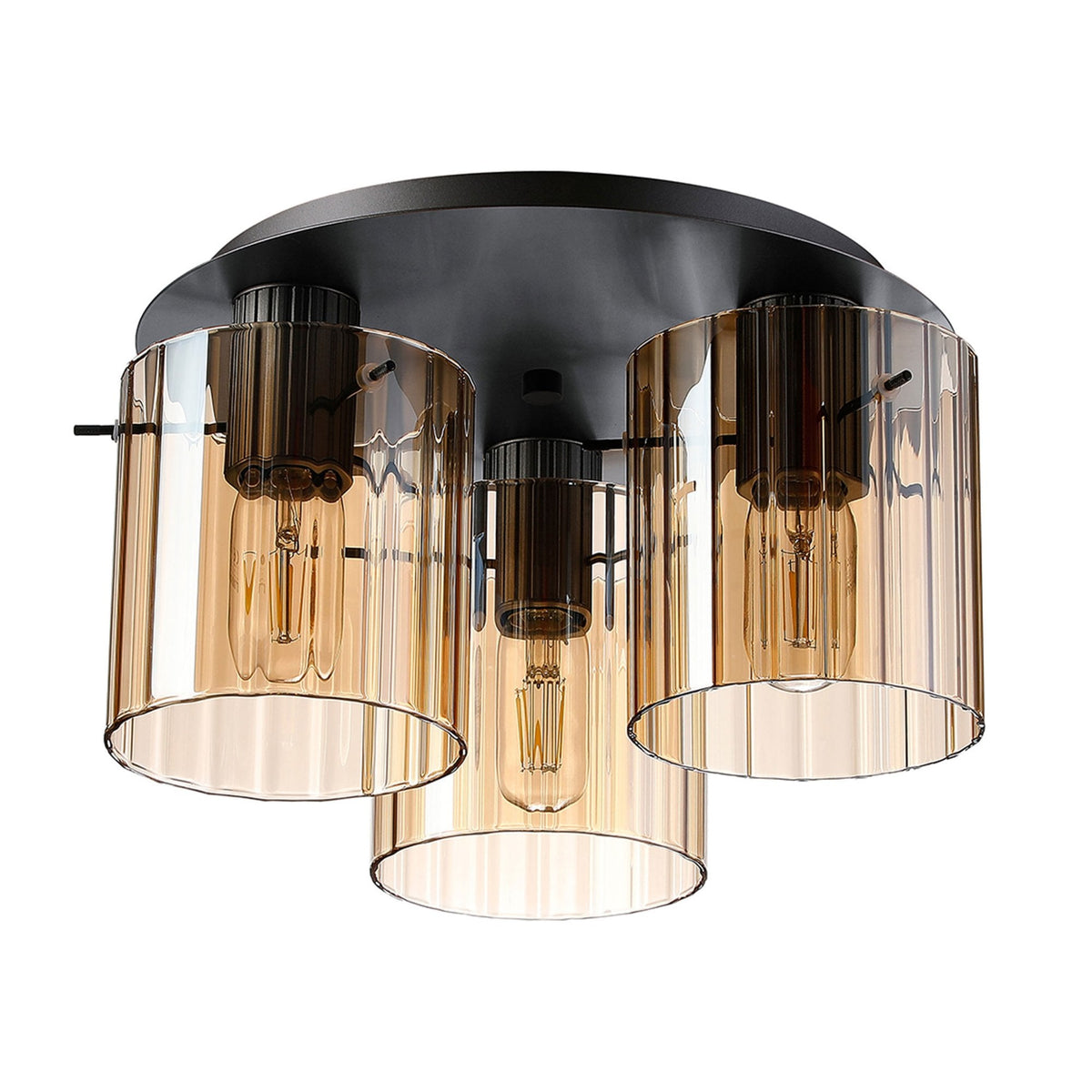 Belstone Wide Ribbed Triple Flush Round Ceiling Light in Dark Grey with Amber Glass
