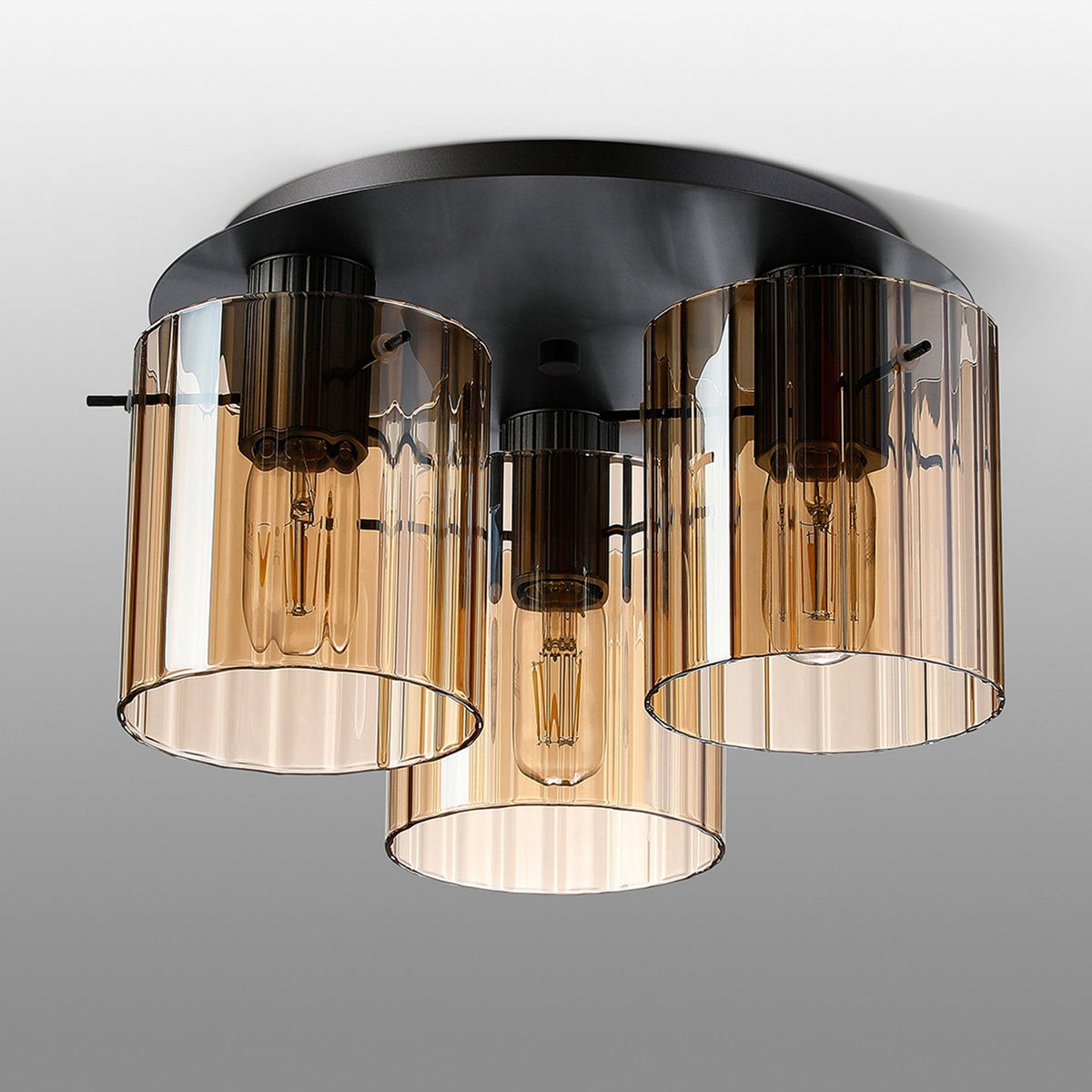 Belstone Wide Ribbed Triple Flush Round Ceiling Light in Dark Grey with Amber Glass