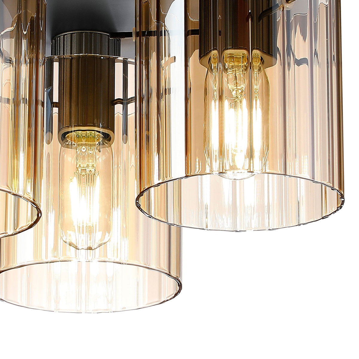 Belstone Wide Ribbed Triple Flush Round Ceiling Light in Dark Grey with Amber Glass