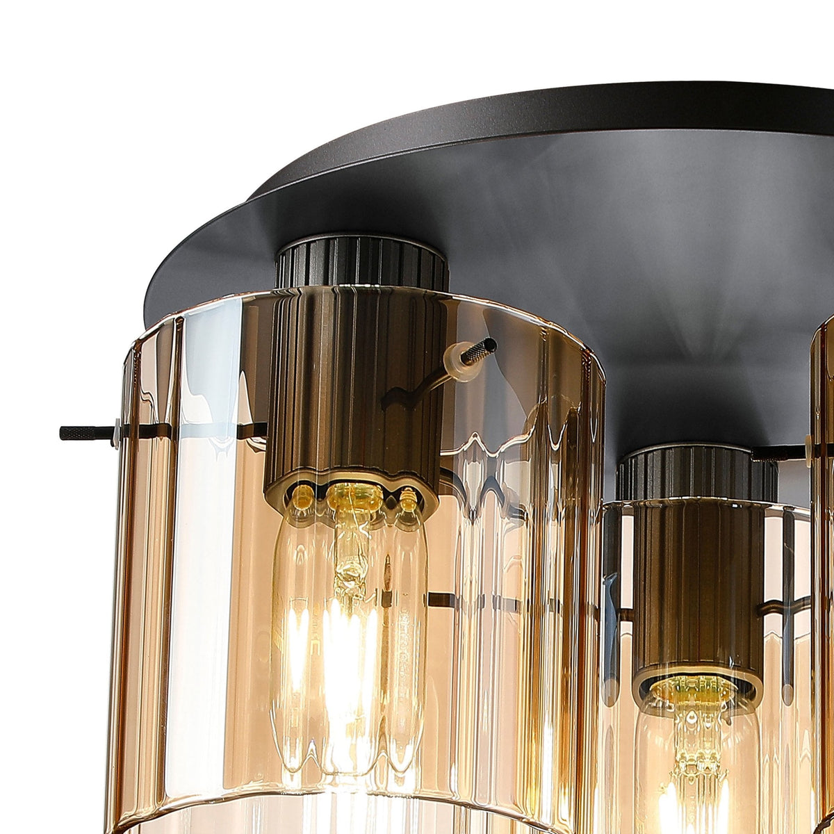 Belstone Wide Ribbed Triple Flush Round Ceiling Light in Dark Grey with Amber Glass