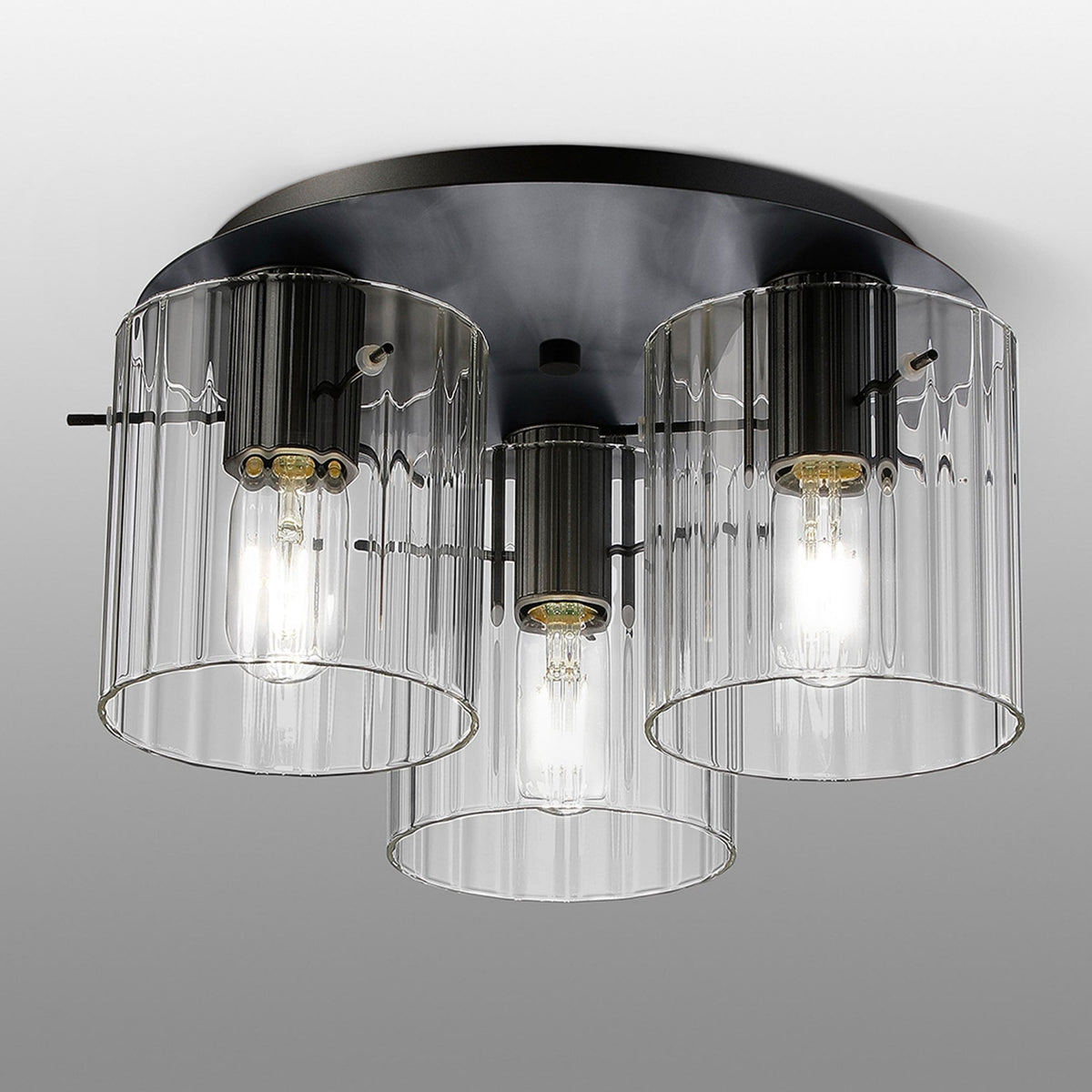 Belstone Wide Ribbed Triple Flush Round Ceiling Light in Dark Grey with Clear Glass