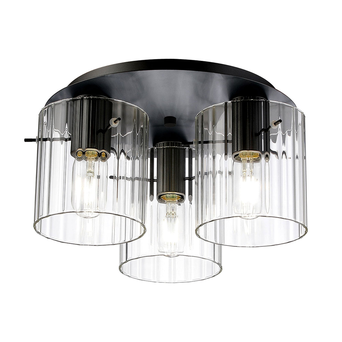 Belstone Wide Ribbed Triple Flush Round Ceiling Light in Dark Grey with Clear Glass