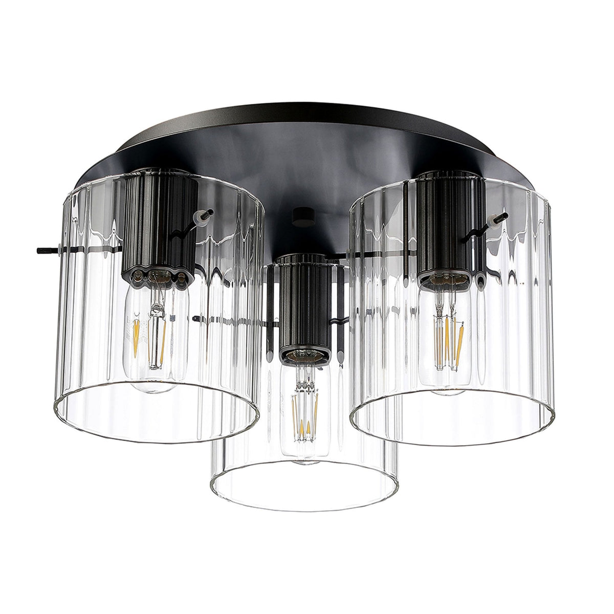 Belstone Wide Ribbed Triple Flush Round Ceiling Light in Dark Grey with Clear Glass