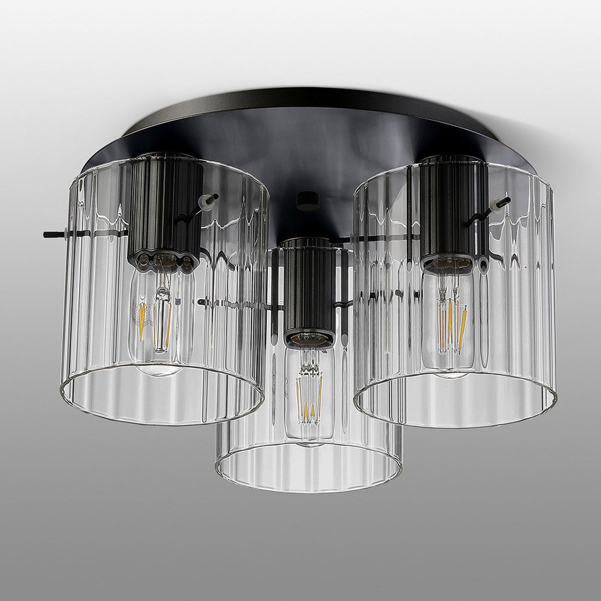 Belstone Wide Ribbed Triple Flush Round Ceiling Light in Dark Grey with Clear Glass