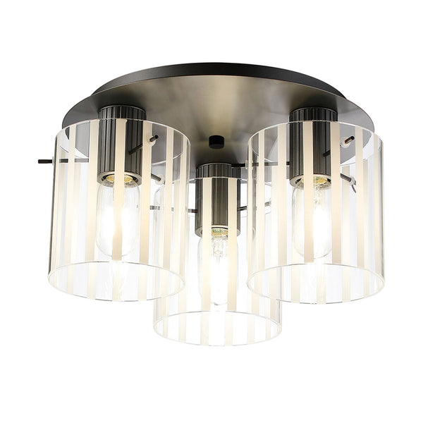 Belstone Wide Ribbed Triple Flush Round Ceiling Light in Dark Grey with Frosted & Clear Glass