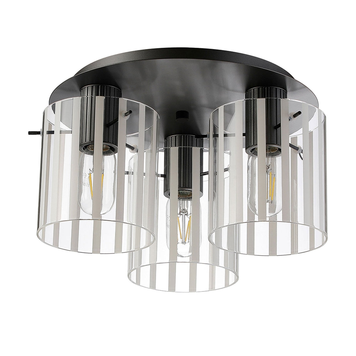 Belstone Wide Ribbed Triple Flush Round Ceiling Light in Dark Grey with Frosted & Clear Glass