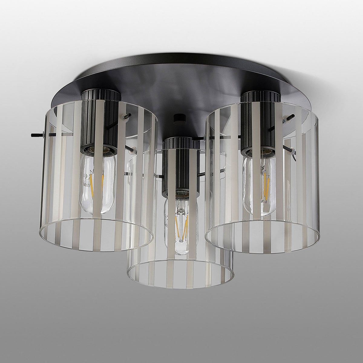 Belstone Wide Ribbed Triple Flush Round Ceiling Light in Dark Grey with Frosted & Clear Glass