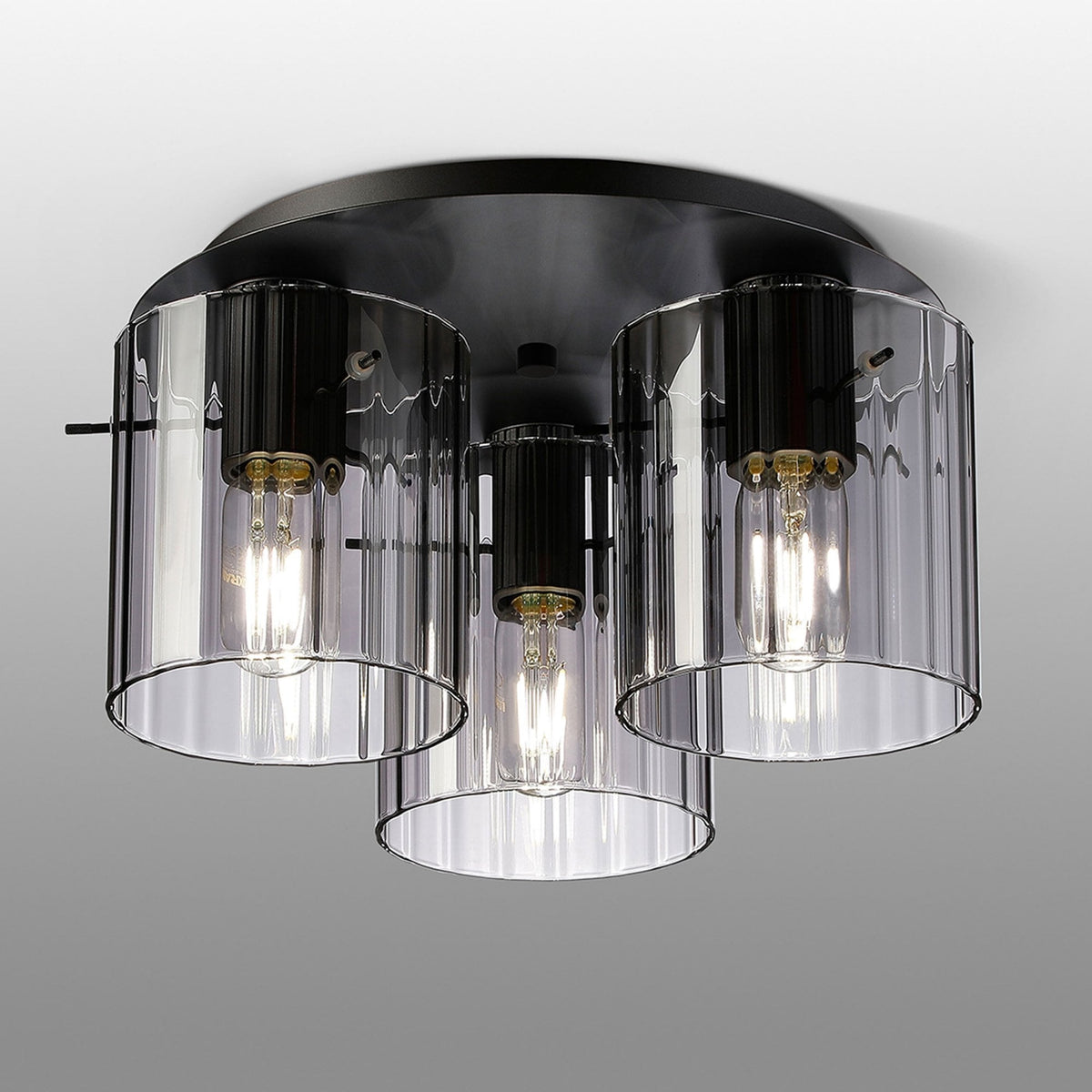 Belstone Wide Ribbed Triple Flush Round Ceiling Light in Dark Grey with Smoke Glass