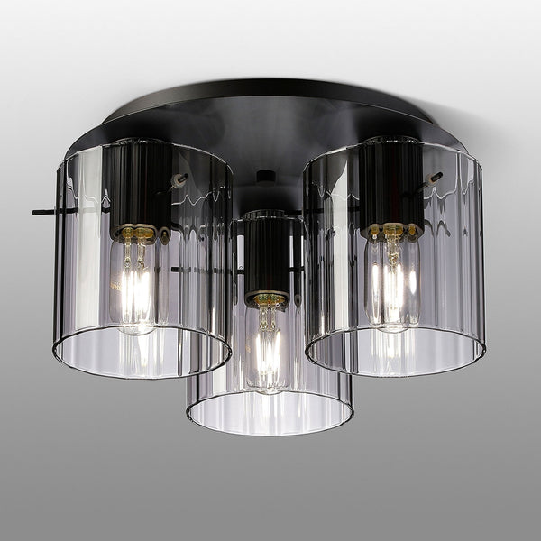 Belstone Wide Ribbed Triple Flush Round Ceiling Light in Dark Grey with Smoke Glass