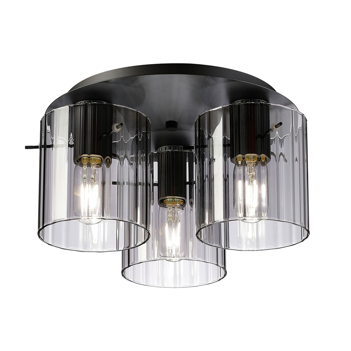 Belstone Wide Ribbed Triple Flush Round Ceiling Light in Dark Grey with Smoke Glass