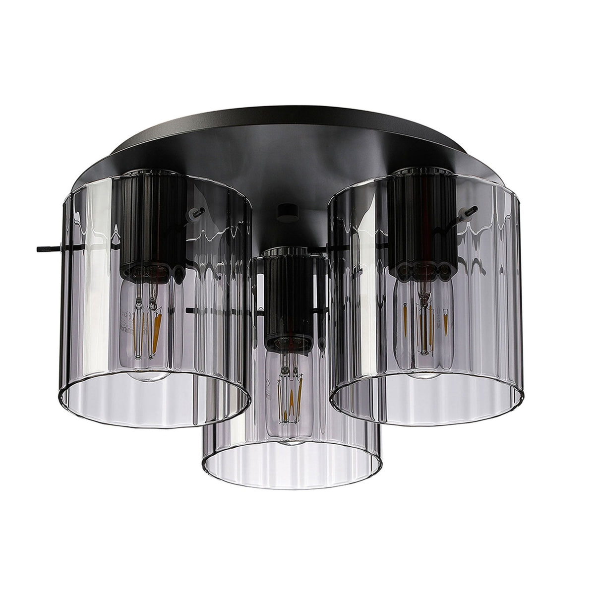 Belstone Wide Ribbed Triple Flush Round Ceiling Light in Dark Grey with Smoke Glass