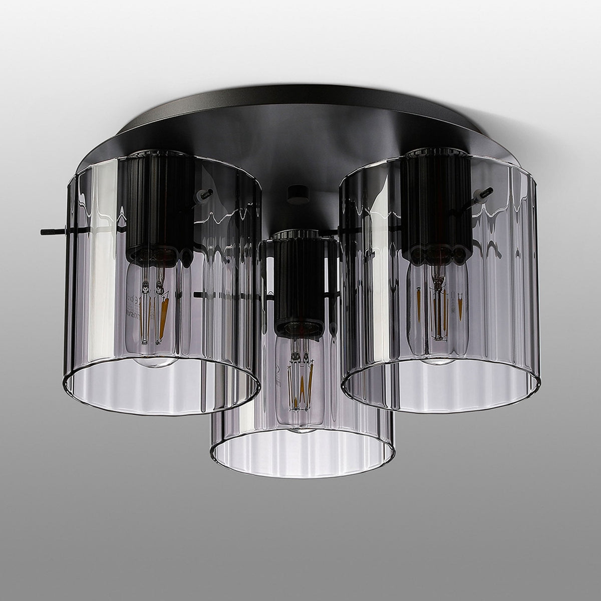 Belstone Wide Ribbed Triple Flush Round Ceiling Light in Dark Grey with Smoke Glass
