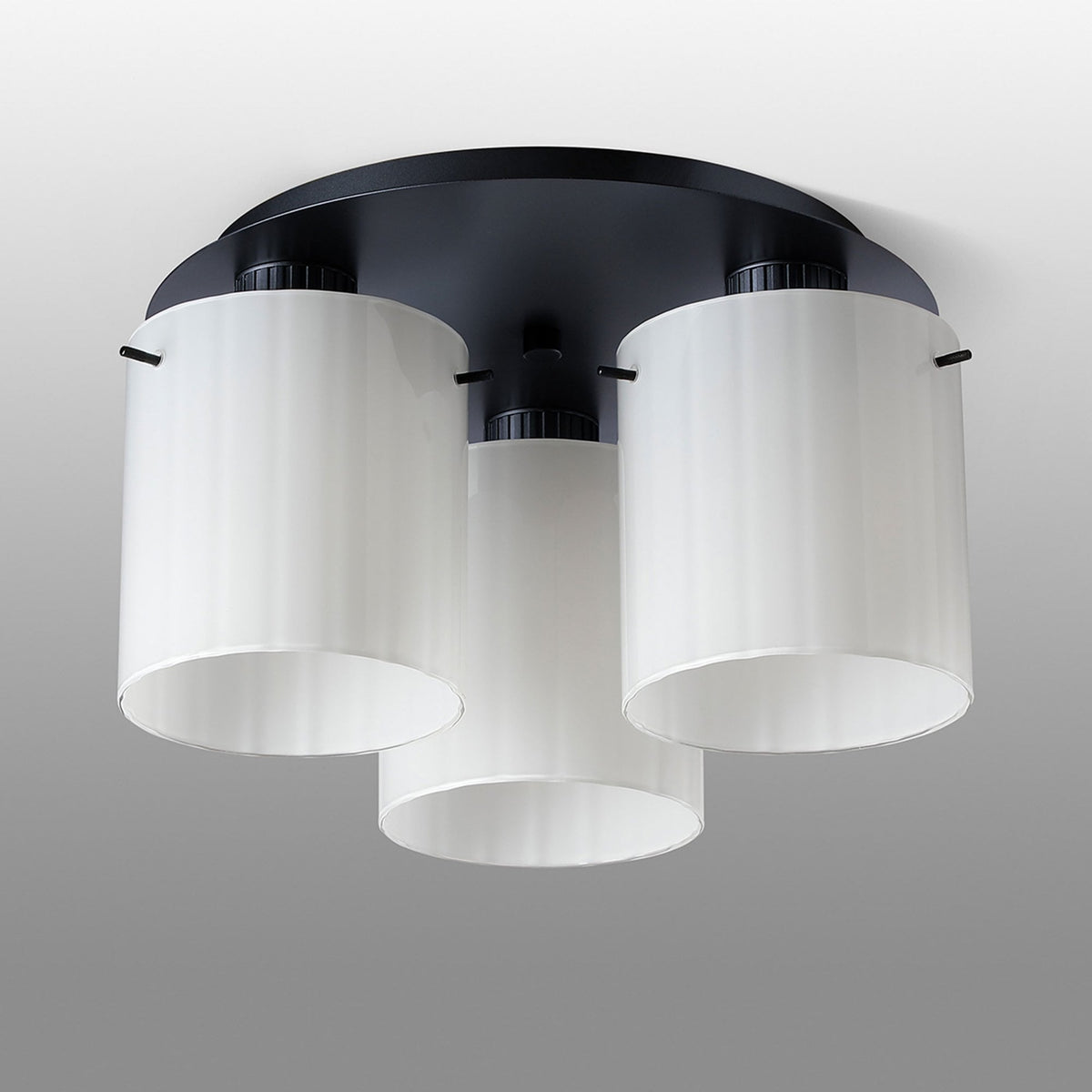 Belstone Wide Ribbed Triple Flush Round Ceiling Light in Dark Grey with Gloss White Glass