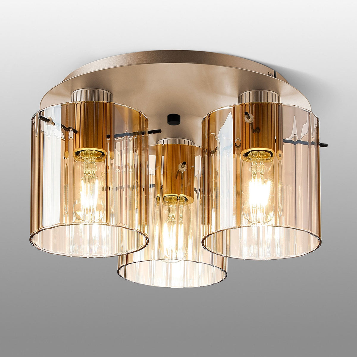Belstone Wide Ribbed Triple Flush Round Ceiling Light in Light Gold with Amber Glass