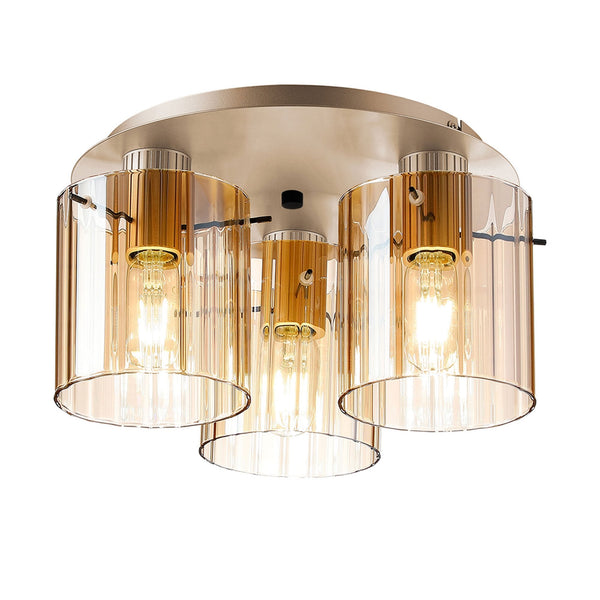 Belstone Wide Ribbed Triple Flush Round Ceiling Light in Light Gold with Amber Glass