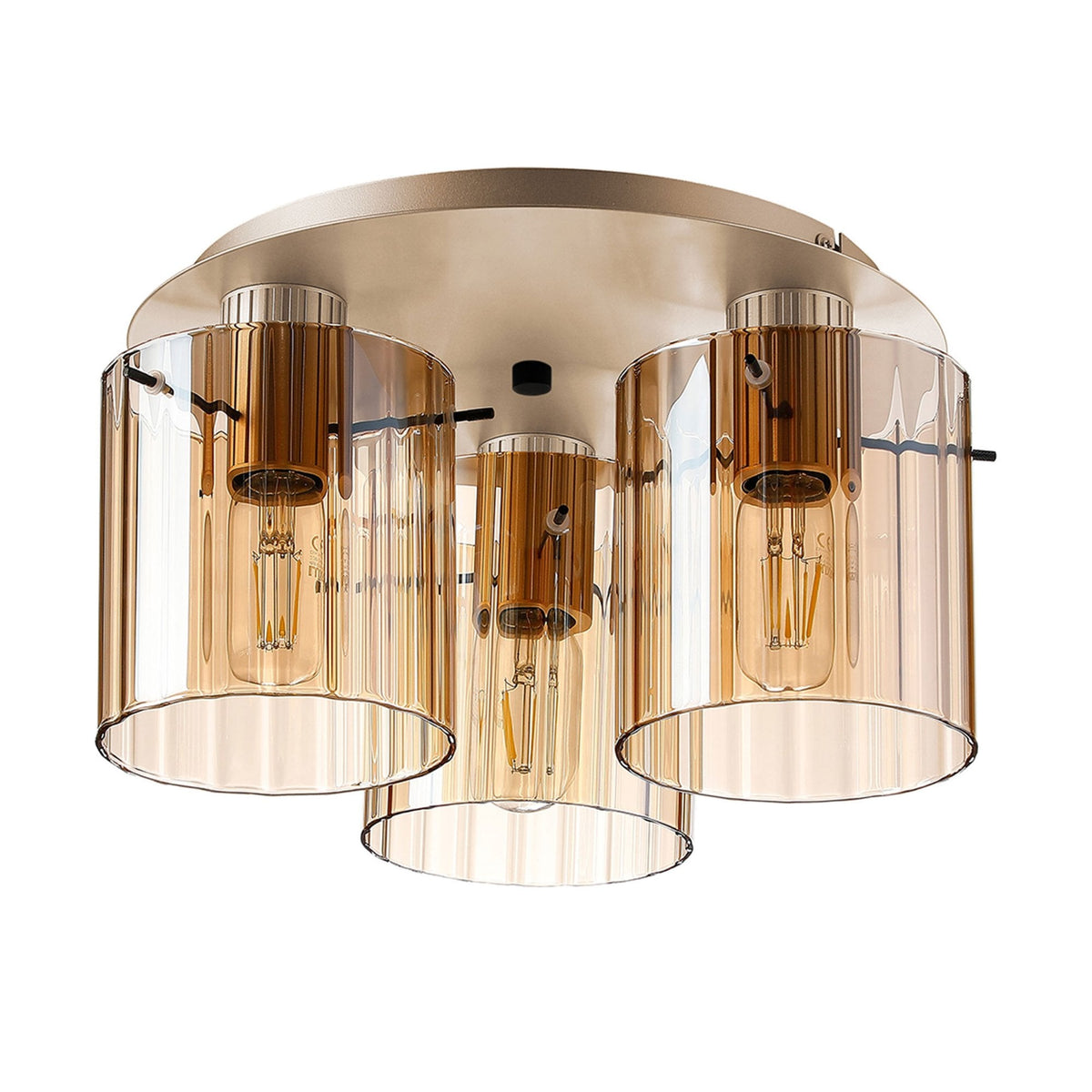 Belstone Wide Ribbed Triple Flush Round Ceiling Light in Light Gold with Amber Glass