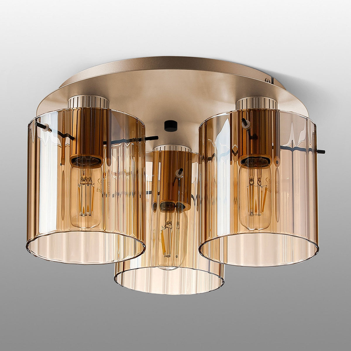 Belstone Wide Ribbed Triple Flush Round Ceiling Light in Light Gold with Amber Glass