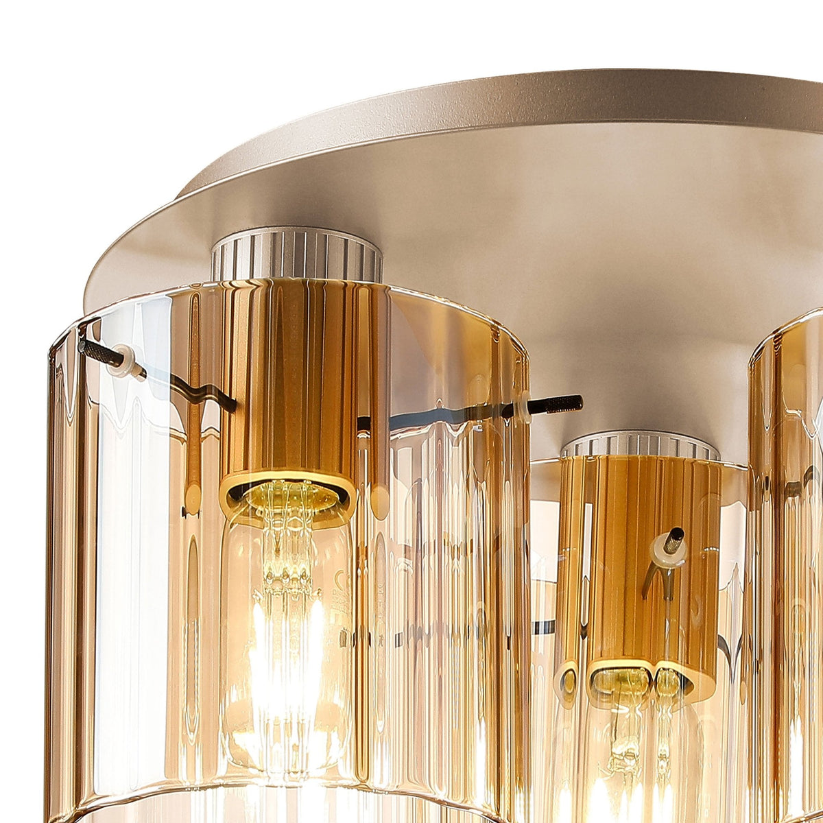 Belstone Wide Ribbed Triple Flush Round Ceiling Light in Light Gold with Amber Glass