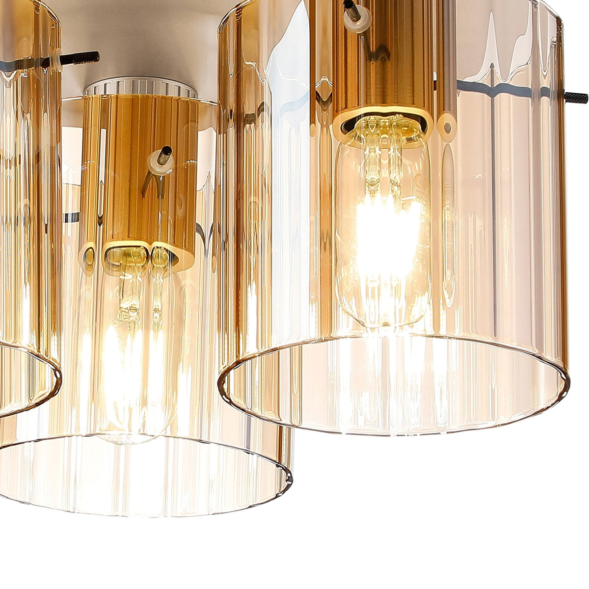Belstone Wide Ribbed Triple Flush Round Ceiling Light in Light Gold with Amber Glass