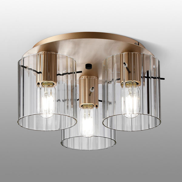 Belstone Wide Ribbed Triple Flush Round Ceiling Light in Light Gold with Clear Glass