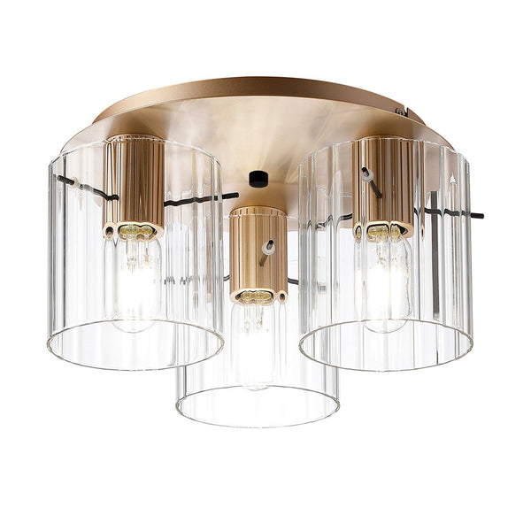 Belstone Wide Ribbed Triple Flush Round Ceiling Light in Light Gold with Clear Glass