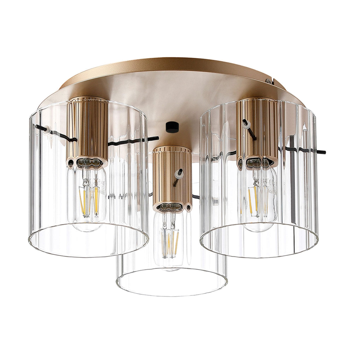 Belstone Wide Ribbed Triple Flush Round Ceiling Light in Light Gold with Clear Glass