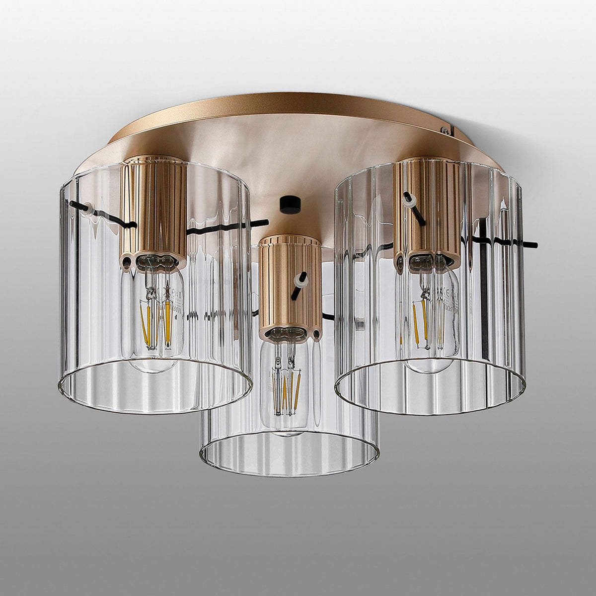 Belstone Wide Ribbed Triple Flush Round Ceiling Light in Light Gold with Clear Glass