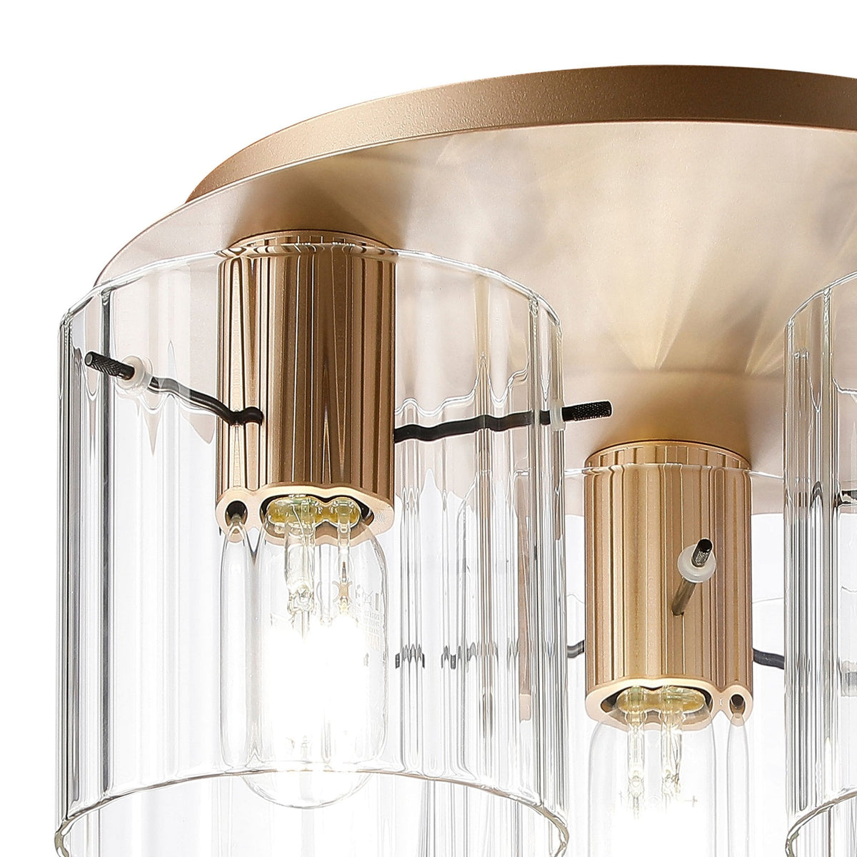 Belstone Wide Ribbed Triple Flush Round Ceiling Light in Light Gold with Clear Glass