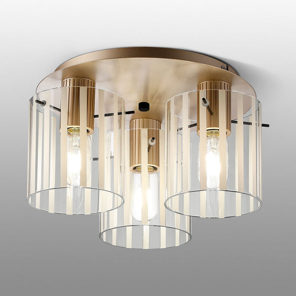Belstone Wide Ribbed Triple Flush Round Ceiling Light in Light Gold with Frosted & Clear Glass