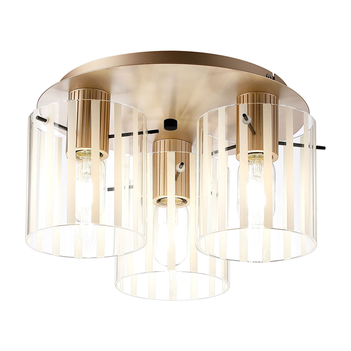 Belstone Wide Ribbed Triple Flush Round Ceiling Light in Light Gold with Frosted & Clear Glass