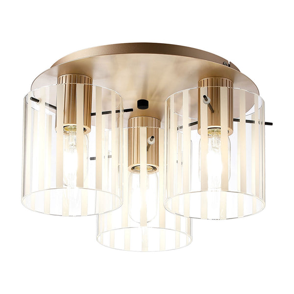 Belstone Wide Ribbed Triple Flush Round Ceiling Light in Light Gold with Frosted & Clear Glass