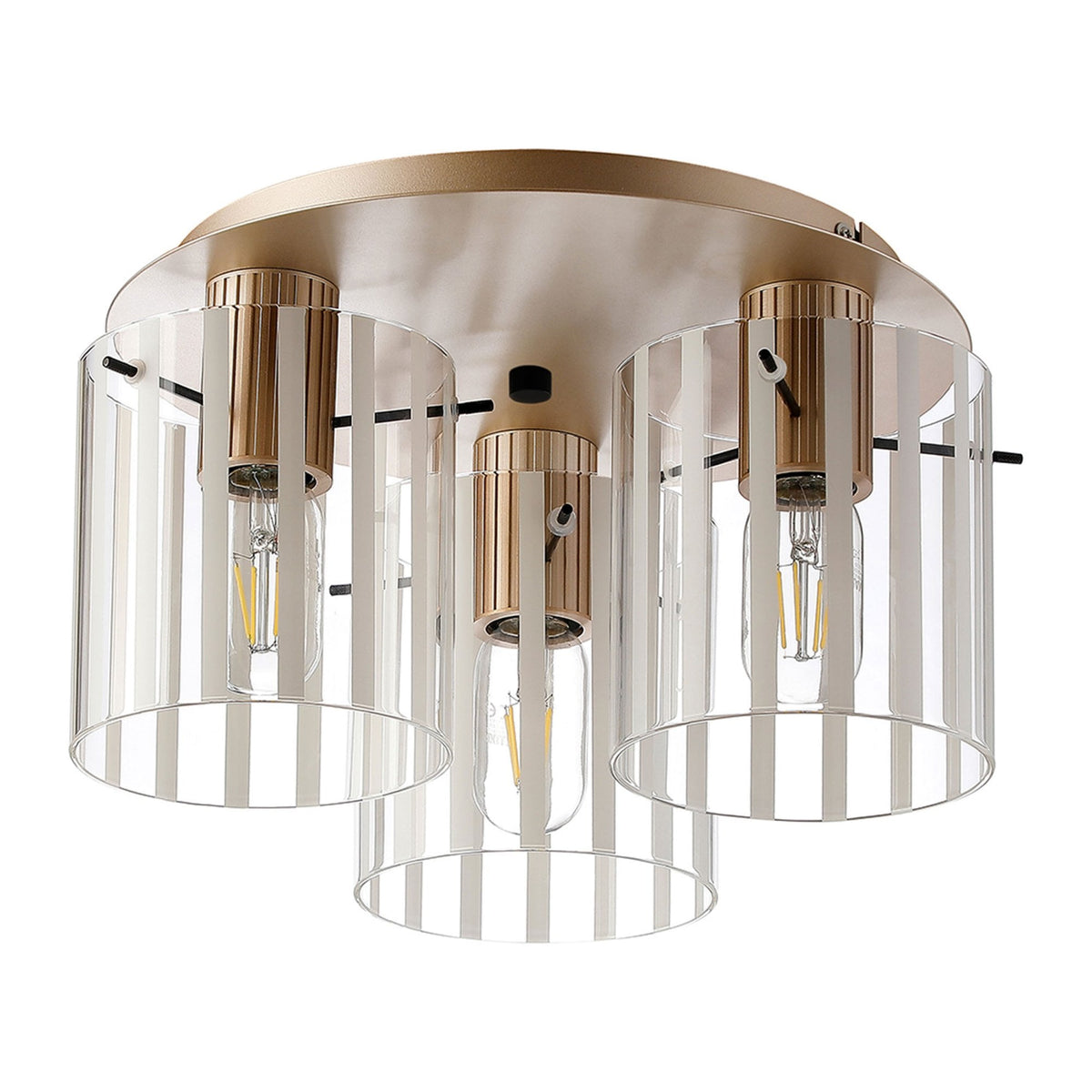 Belstone Wide Ribbed Triple Flush Round Ceiling Light in Light Gold with Frosted & Clear Glass