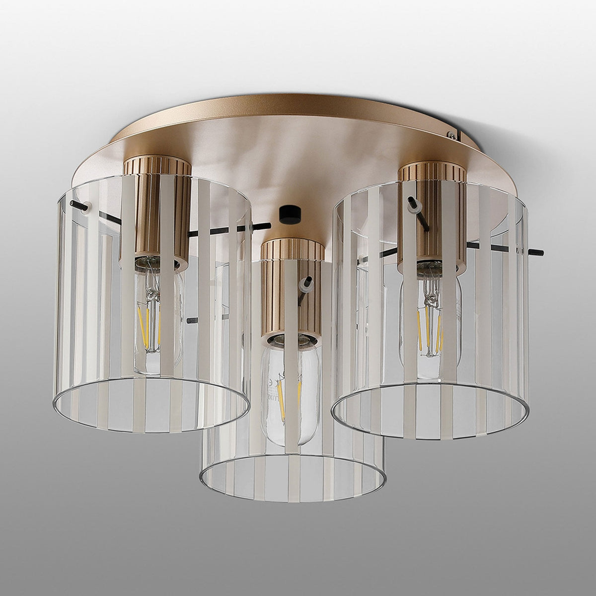 Belstone Wide Ribbed Triple Flush Round Ceiling Light in Light Gold with Frosted & Clear Glass
