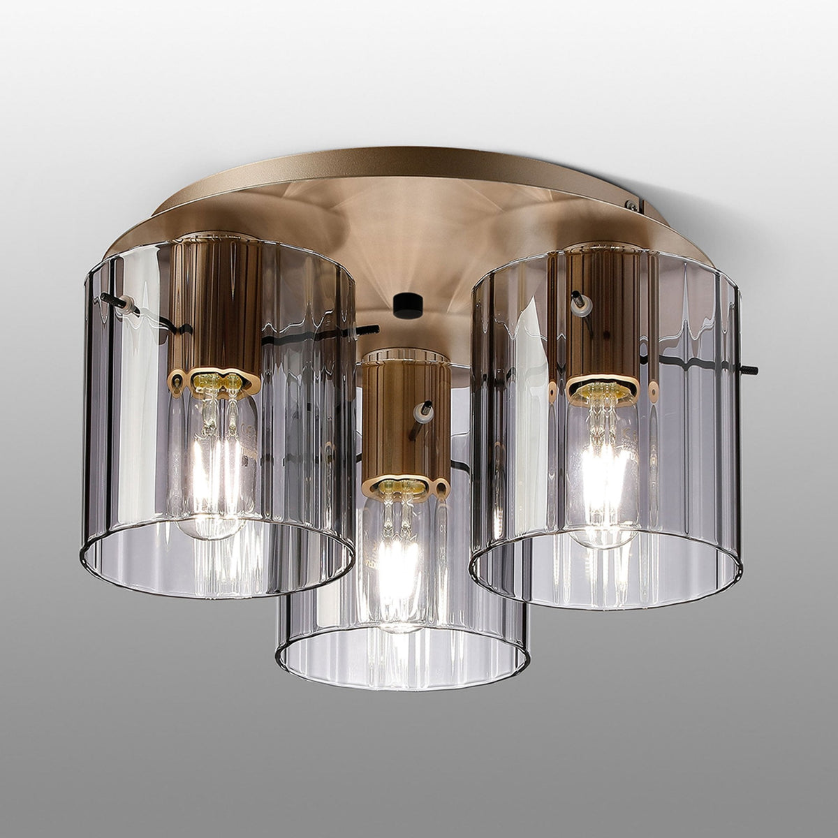 Belstone Wide Ribbed Triple Flush Round Ceiling Light in Light Gold with Smoke Glass