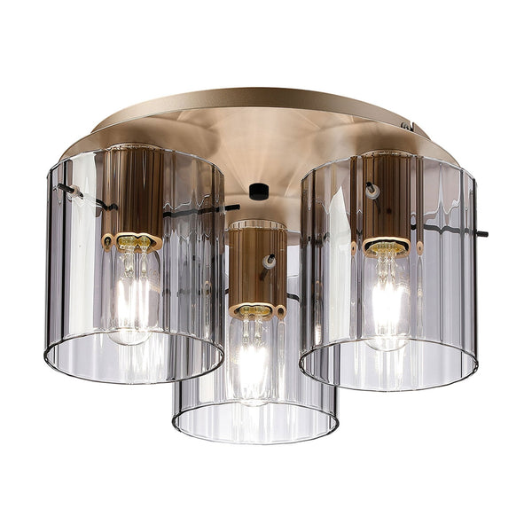 Belstone Wide Ribbed Triple Flush Round Ceiling Light in Light Gold with Smoke Glass