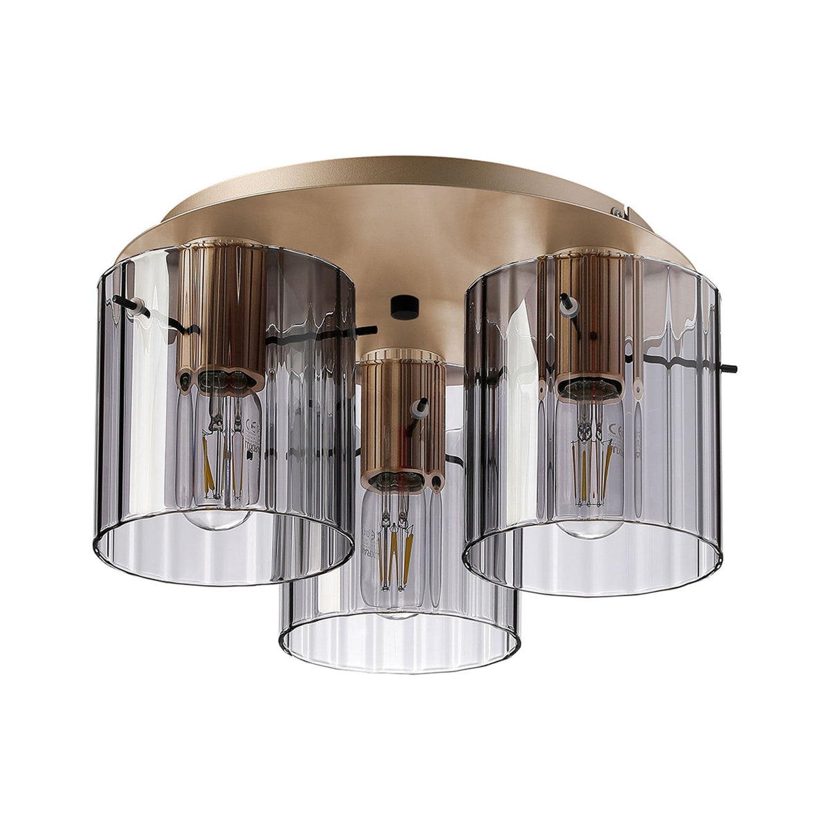 Belstone Wide Ribbed Triple Flush Round Ceiling Light in Light Gold with Smoke Glass