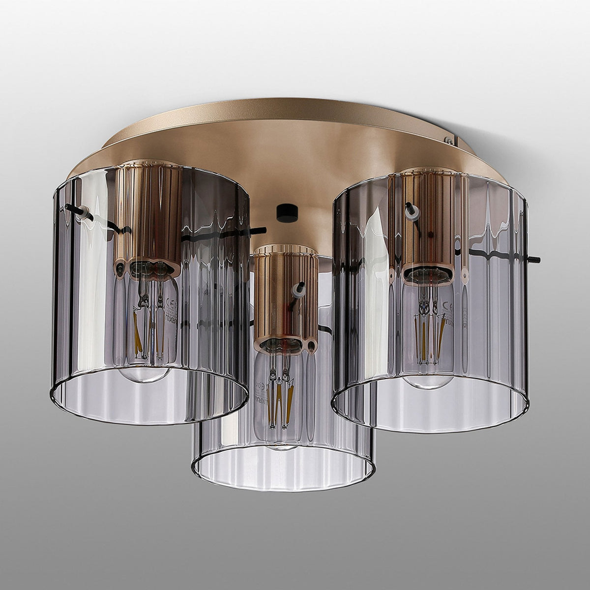 Belstone Wide Ribbed Triple Flush Round Ceiling Light in Light Gold with Smoke Glass