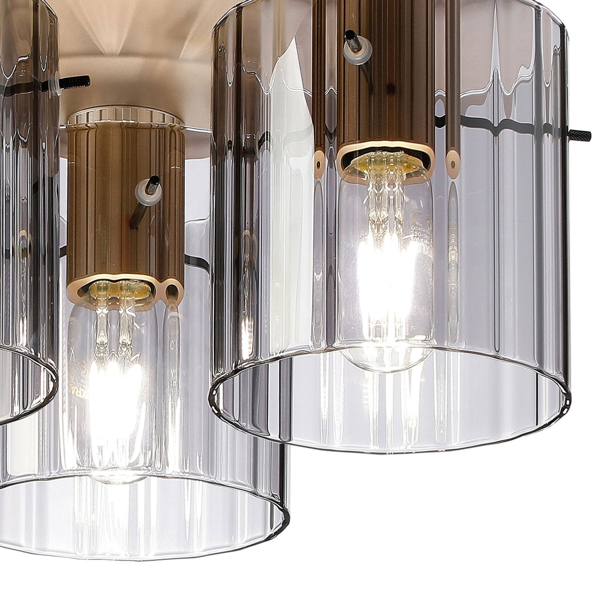 Belstone Wide Ribbed Triple Flush Round Ceiling Light in Light Gold with Smoke Glass