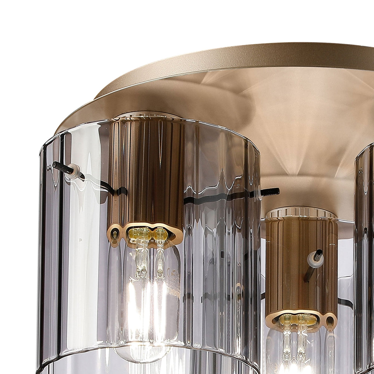 Belstone Wide Ribbed Triple Flush Round Ceiling Light in Light Gold with Smoke Glass