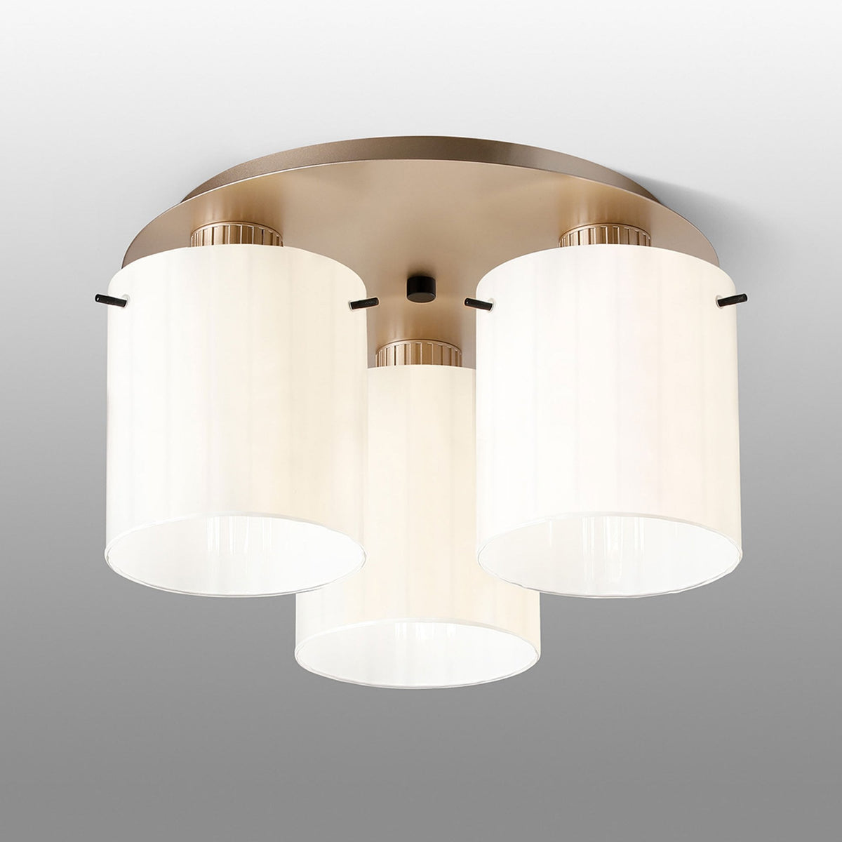 Belstone Wide Ribbed Triple Flush Round Ceiling Light in Light Gold with Gloss White Glass