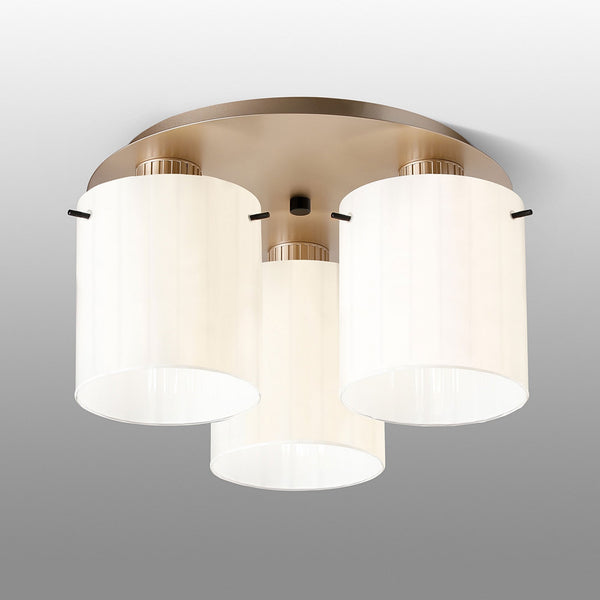 Belstone Wide Ribbed Triple Flush Round Ceiling Light in Light Gold with Gloss White Glass